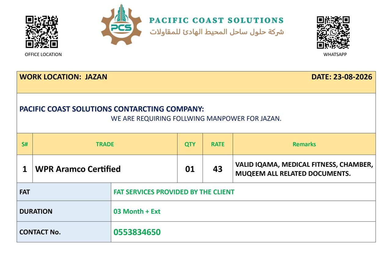 Jubail, Jobs, WPR ARAMCO CERTIFIED