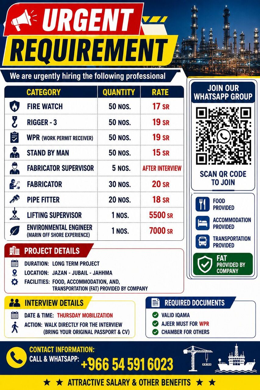 Jubail, Jobs, URGENT DEMAND ,