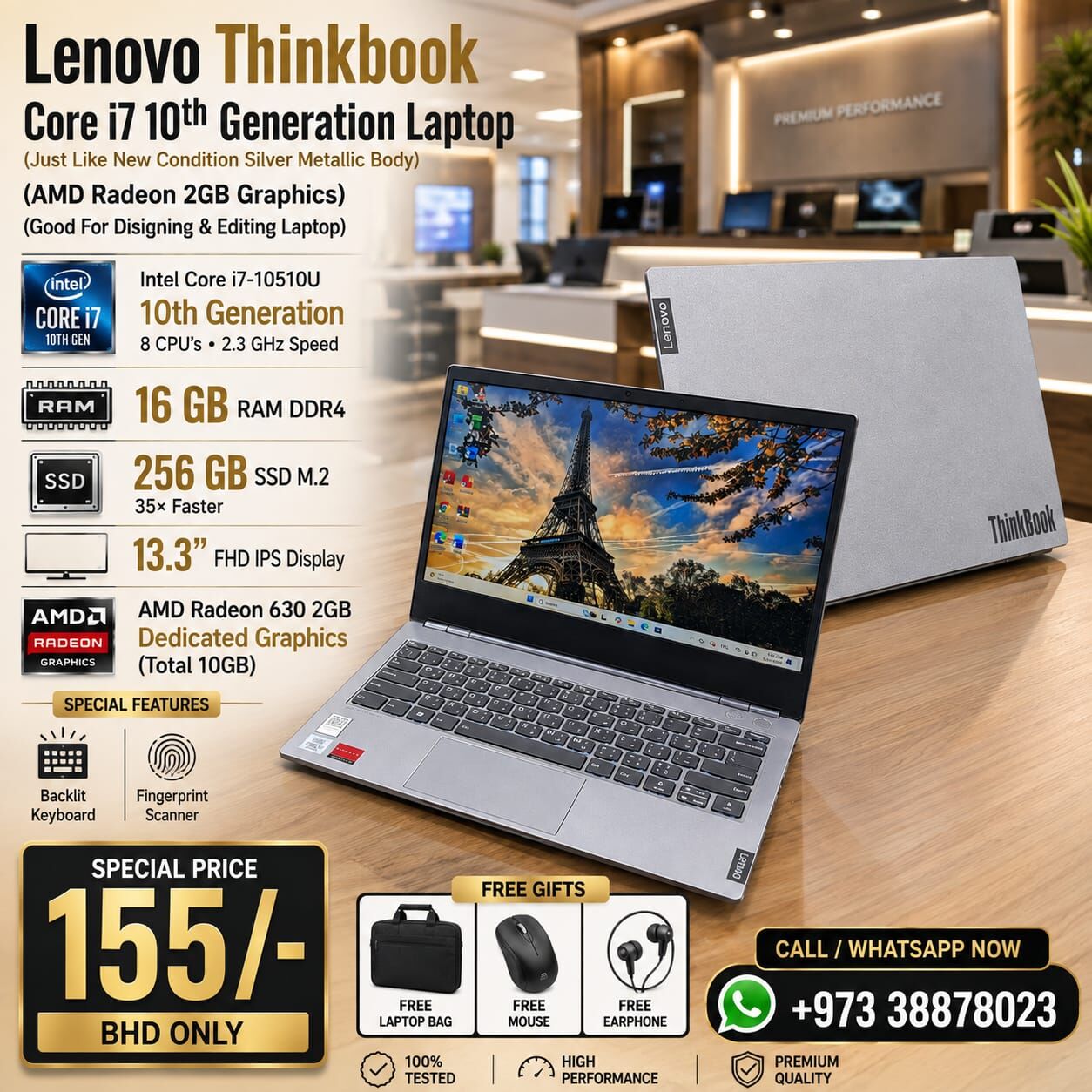 Manama, Computers, BHD 155,  Thinkbook Core I7 10th Gen Metallic Laptop Like New 16GB RAM AMD Radeon 630 2GB Graphics