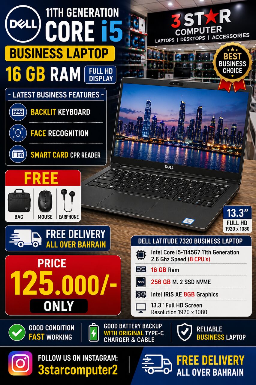 Manama, Computers, BHD 125,  DELL 11th Gen Core I5 Business Laptop 16 GB RAM FHD Display  Face ID