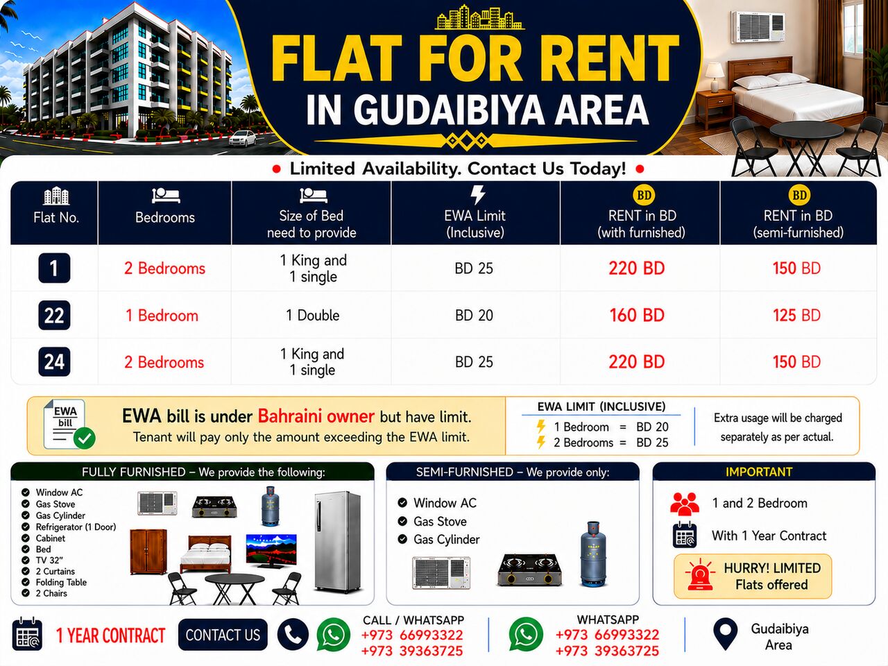 Gudaibiya, Apartments, Flats, Houses & Villas, BHD 160/month,  2 BR,  1 & 2 Bedroom For Rent In Gudaibiya (EWA Have Limit But Bahraini Under Owner)
