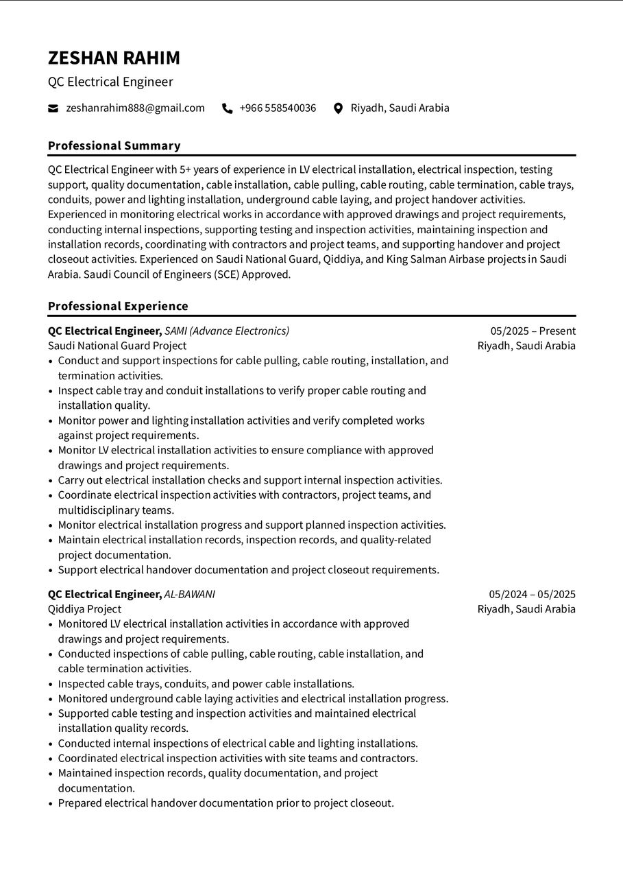 Riyadh, Job Seekers, QC ELECTRICAL ENGINEER