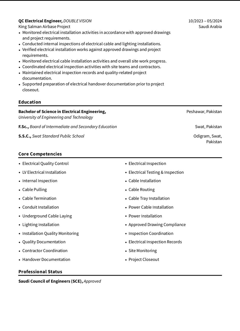 Riyadh, Job Seekers, QC ELECTRICAL ENGINEER