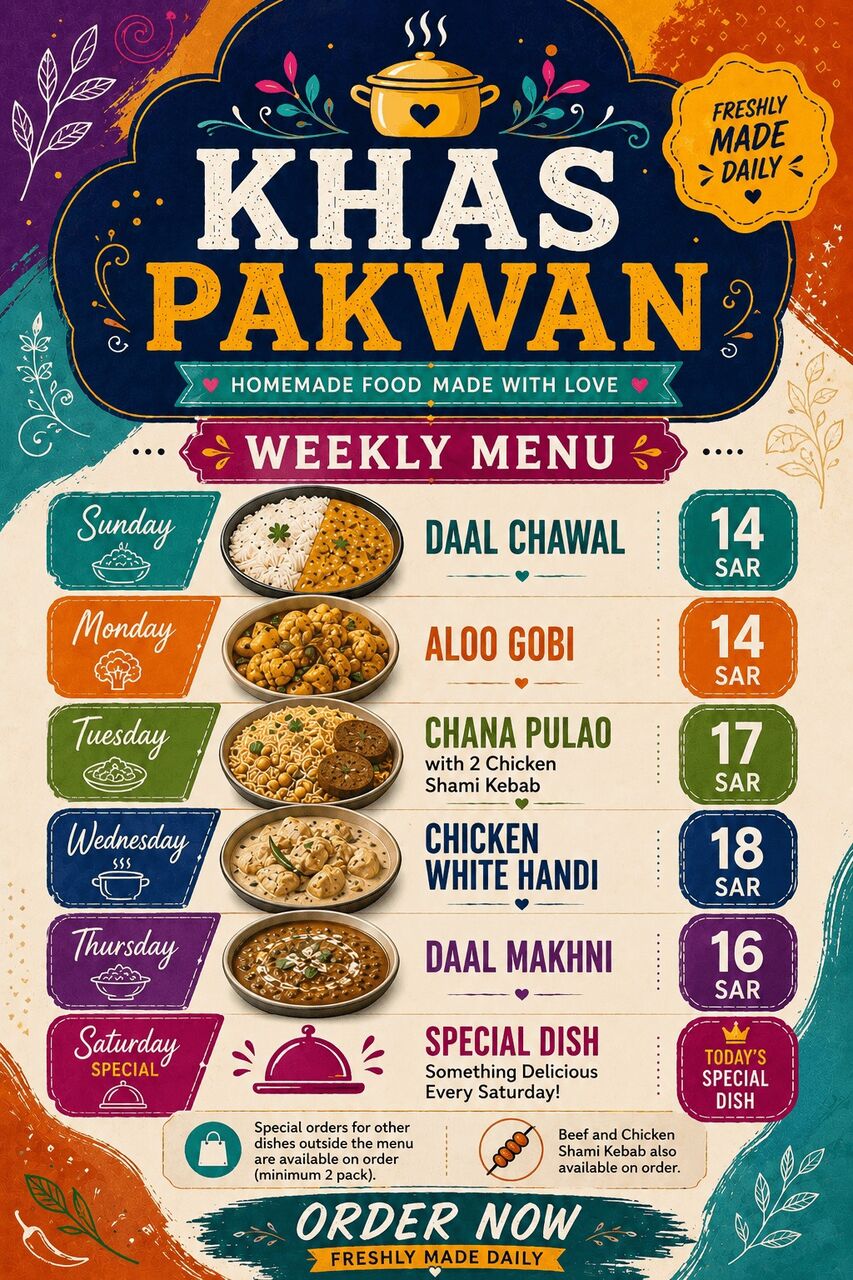 Khobar, Food, SAR 14,  Homemade Food - Weekly Menu - Daily Available