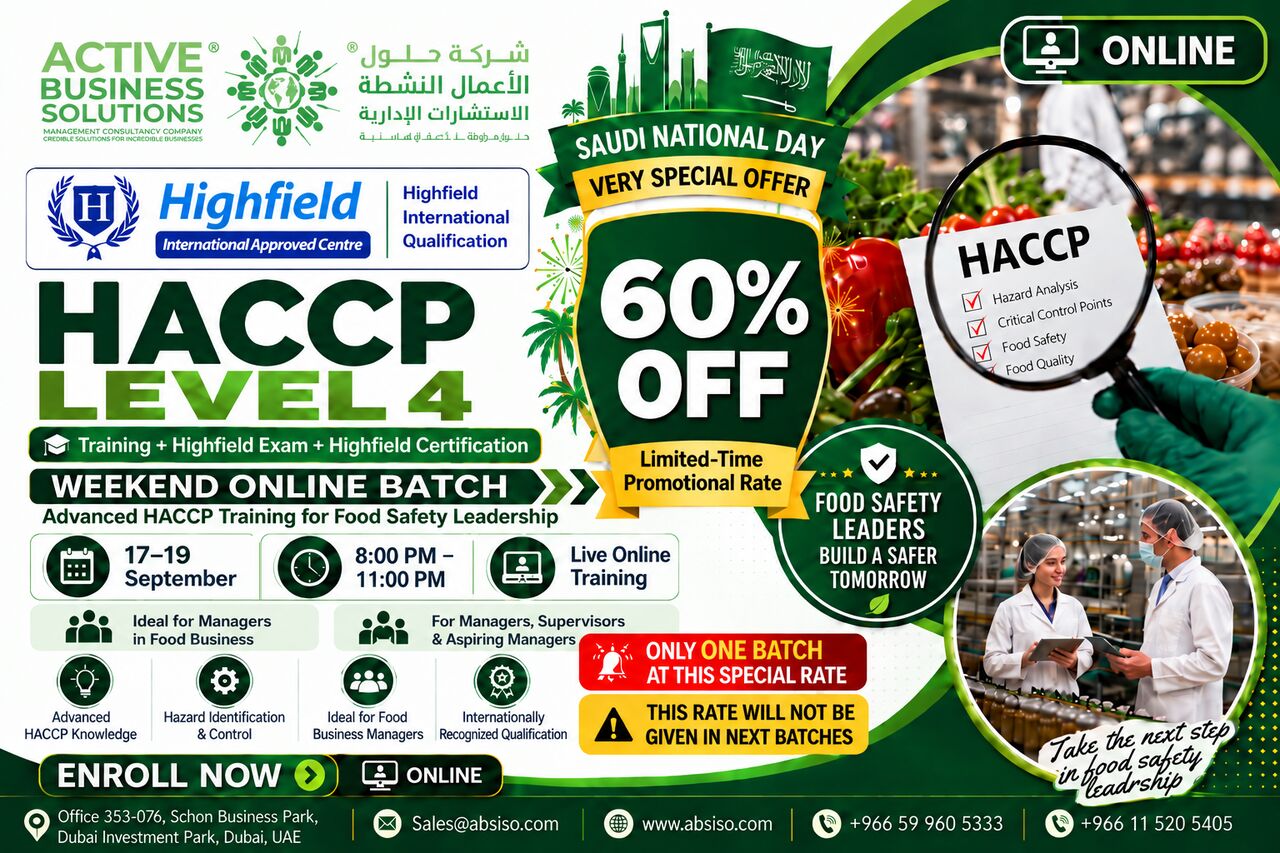 Riyadh, Business, 🚨 HIGHFIELD HACCP LEVEL 4 – EXCLUSIVE WEEKEND ONLINE BATCH