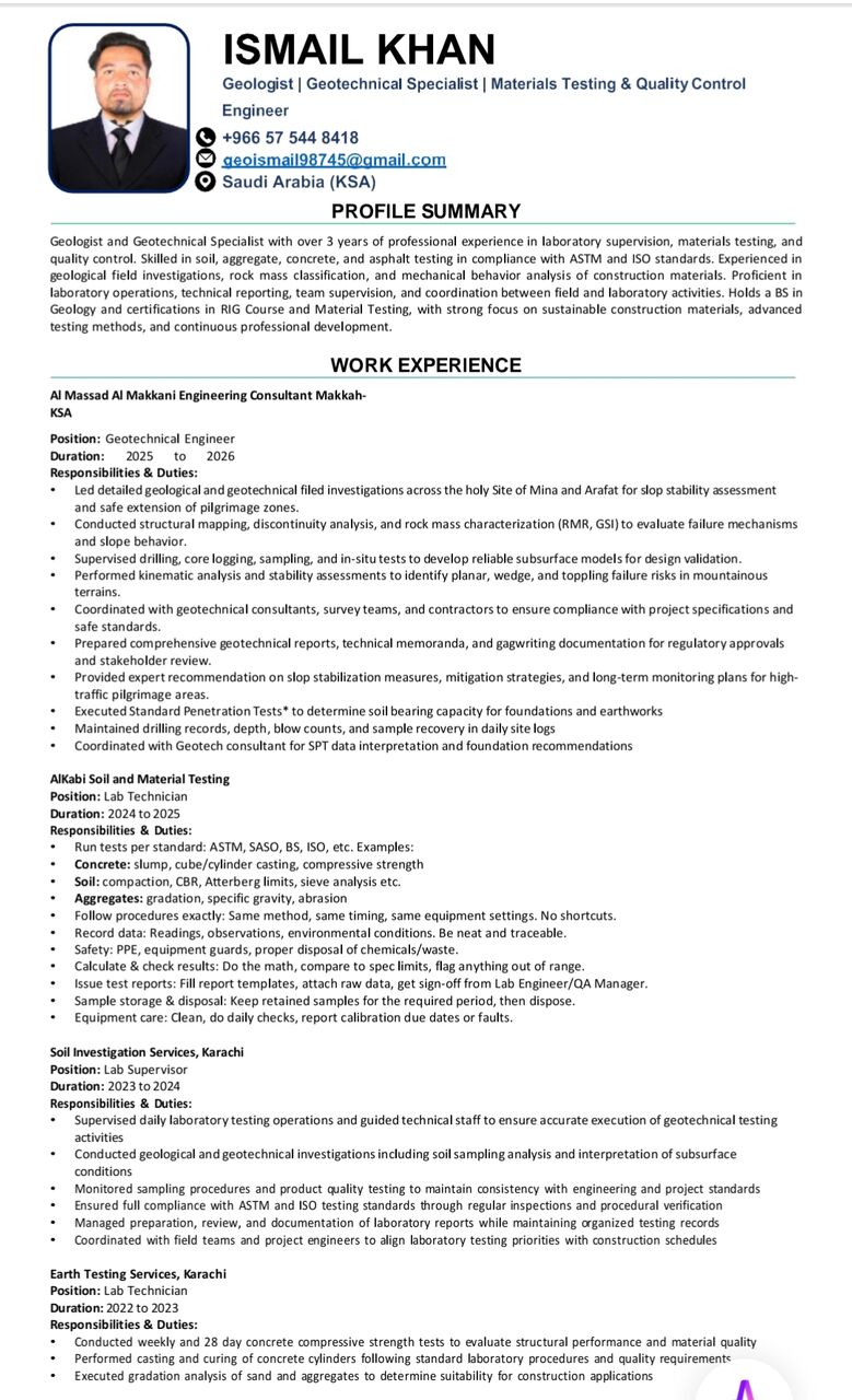 Al Shemaysi, Job Seekers, Geotechnical Engenier/ Lab Technician