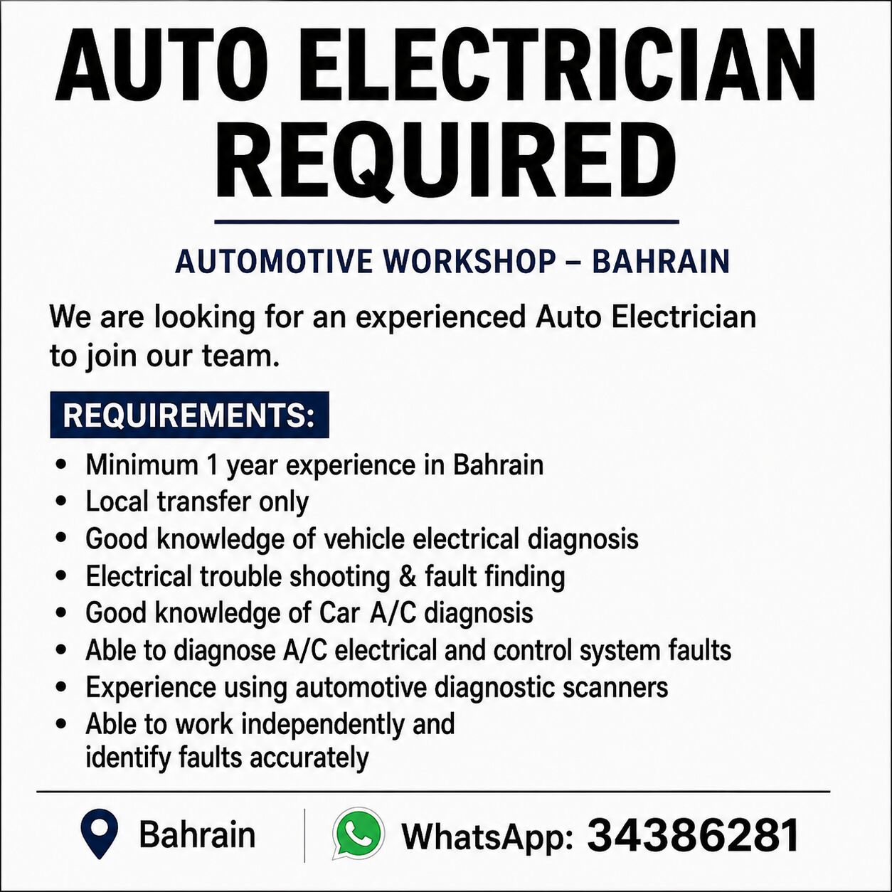 Sanad, Jobs, Auto Electrician Required
