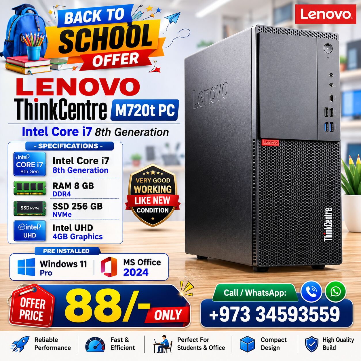 Isa Town, Computers, BHD 88,  Special Offer Lenovo Core I7 8th Generation Computer 8GB DDR4 RAM 256GB M.2 SSD Win 11 Pro