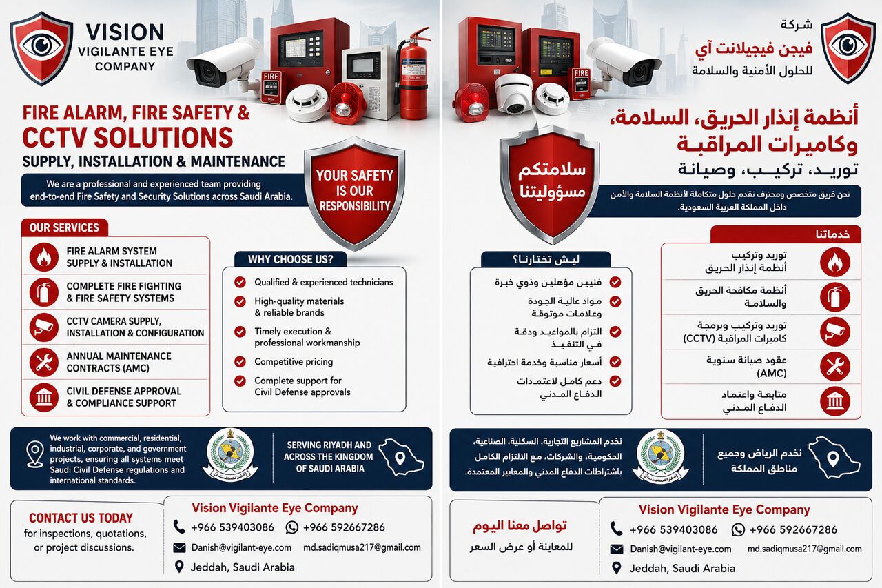 Jeddah, Businesses For Sale, Fire Alarm, Fire Safety & CCTV Solutions | أنظمة إنذار الحريق والسلامة وكامي