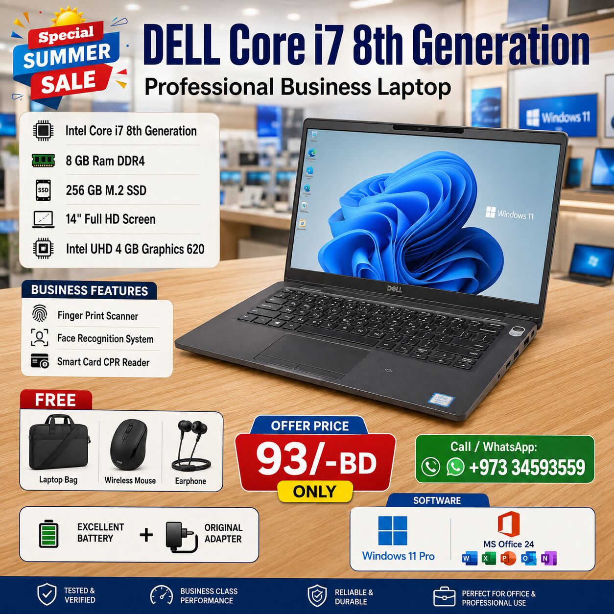 Manama, Electronics, BHD 93,  Special Offer DELL Core I7 8th Generation Professional Laptop 14" Full HD Screen Free Bag