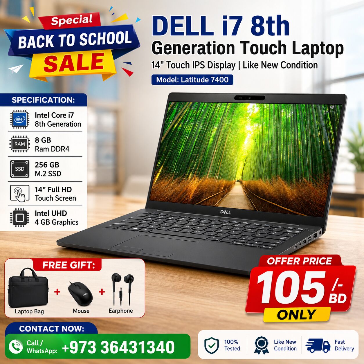 Manama, Electronics, BHD 105,  DELL Touch Business Laptop Core I7 8th Generation (Same New) 14" FHD Touch Display 8GB RAM