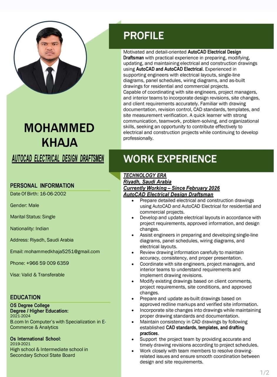 Riyadh, Job Seekers, Autocad Electrical Draftman