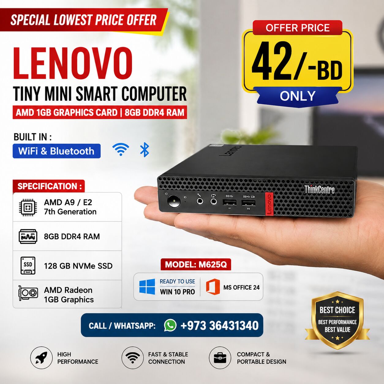 Manama, Electronics, BHD 42,  Offer LENOVO Tiny Mini AMD Graphics 7th Generation Smart PC AMD 1GB Graphics Card 8GB RAM