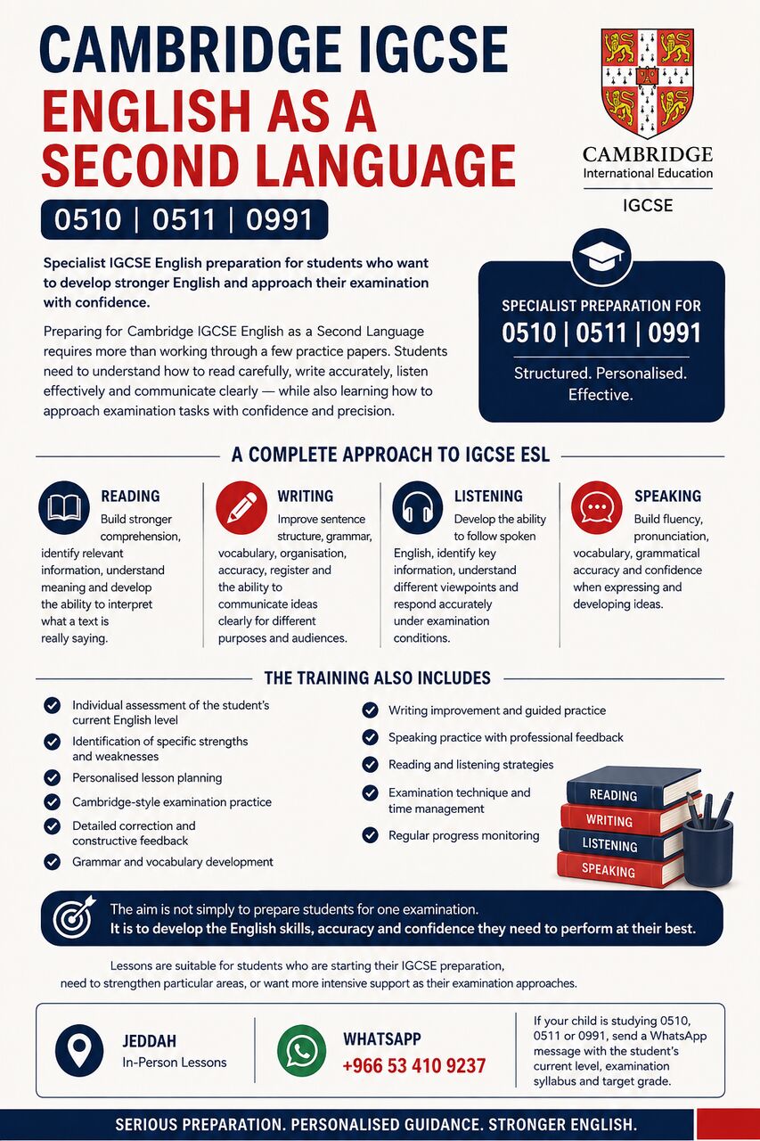 Jeddah, Lessons Offered, Cambridge IGCSE English As A Second Language &mdash; Expert Preparation For 0510, 0511 & 0991 |