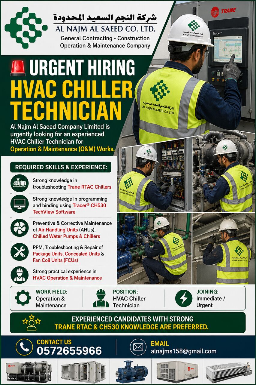 Riyadh, Jobs, 🚨 URGENT HIRING – HVAC CHILLER TECHNICIAN