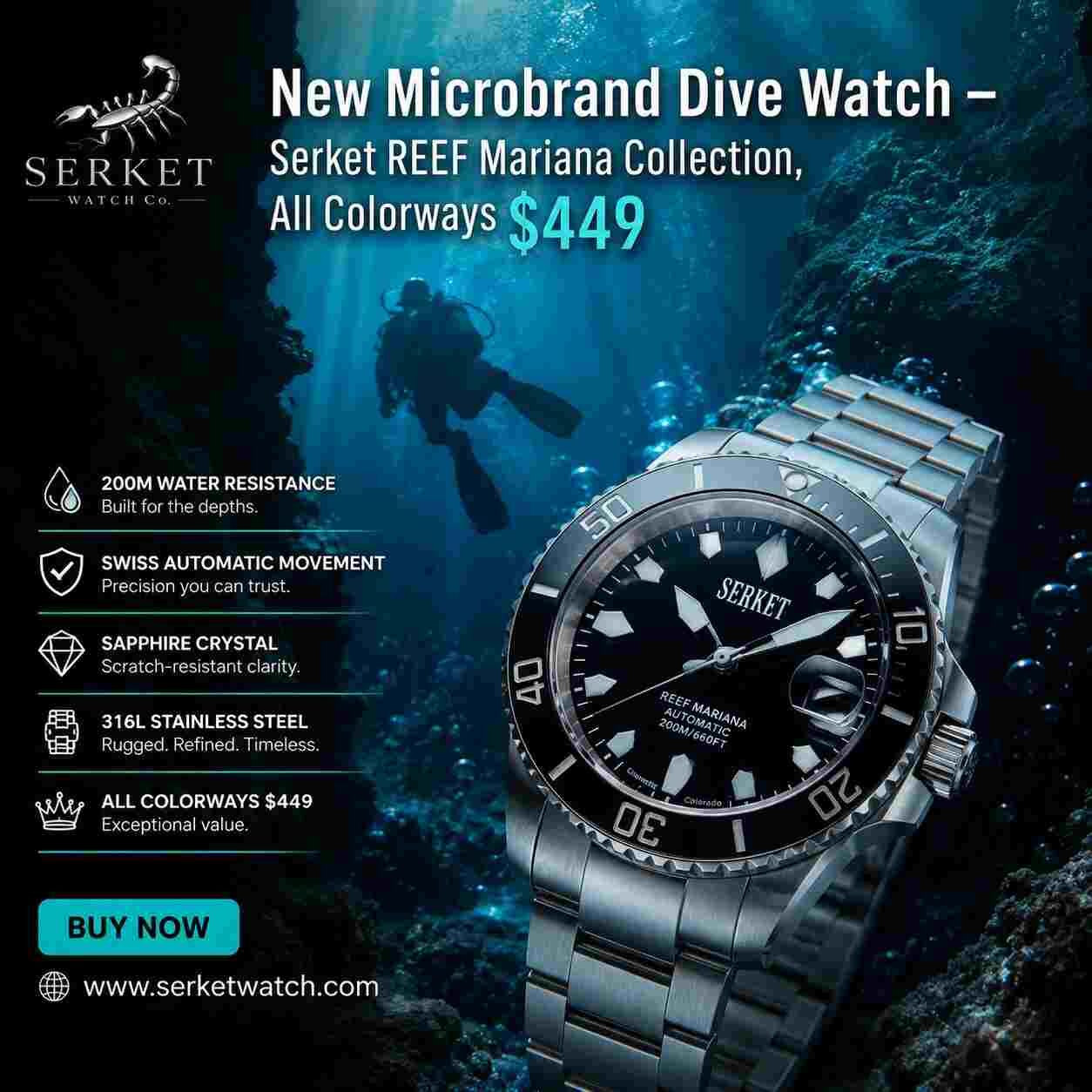 New York, Watches, USD 449,  New Microbrand Dive Watch &ndash; Serket REEF Mariana Collection, All Colorways $449