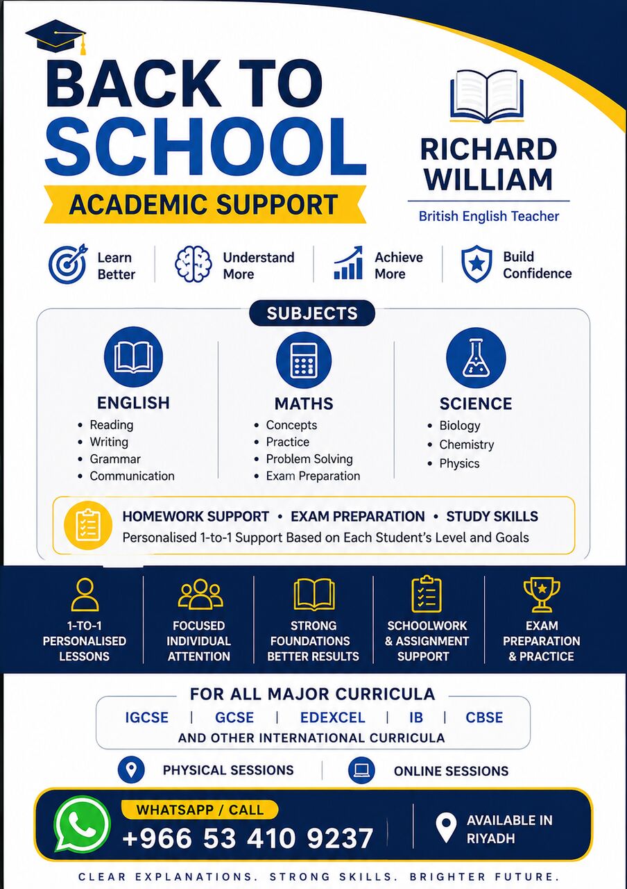 Riyadh, Lessons Offered, BACK TO SCHOOL &mdash; ACADEMIC SUPPORT/Native English  With Math Fun