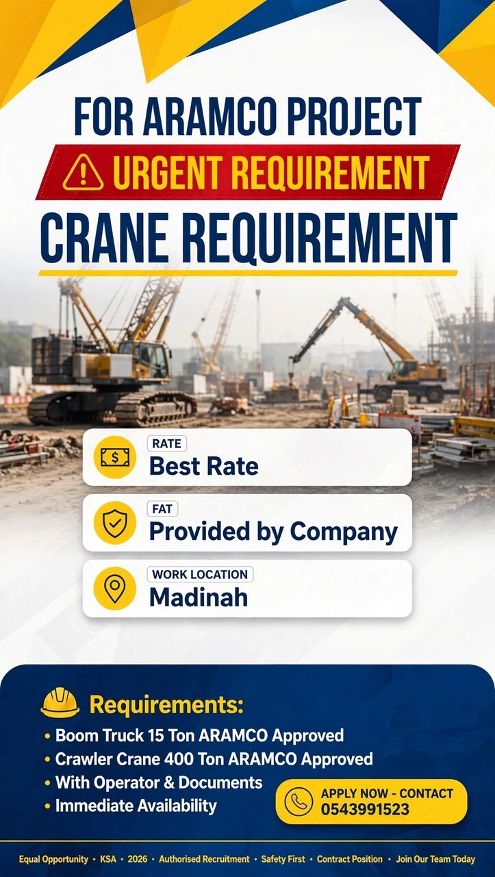 Jubail, Jobs, 23,  Need Crawler Crane And Boom Truck
