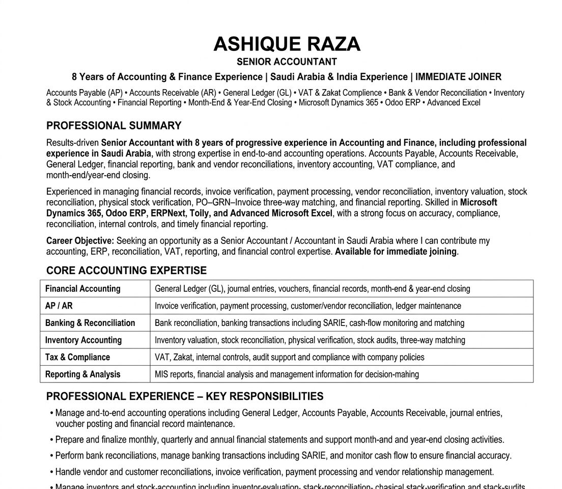Riyadh, Job Seekers, 8 Years Of Accounting & Finance Experience | Saudi Arabia & India Experience | IMMEDIATE J