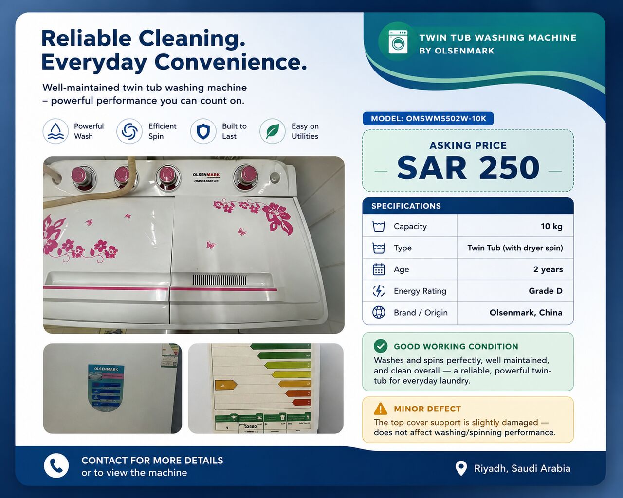 Riyadh, Appliances, SAR 250,  10 KG Olsenmark Twin Tub Washing Machine &ndash; Excellent Working Condition