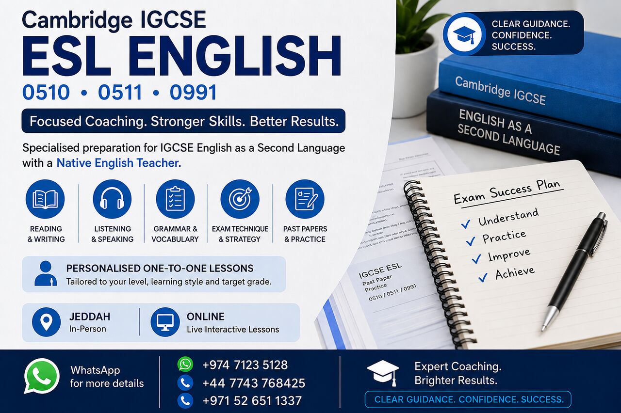 Jeddah, Lessons Offered, Cambridge IGCSE ESL English 0510/ 0511/0991 With Native English Speaker