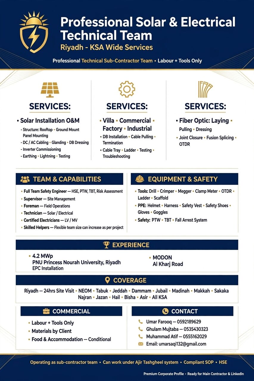 Riyadh, Manpower, Professional Solar & Electrical Technical Team - Riyadh & All KSA