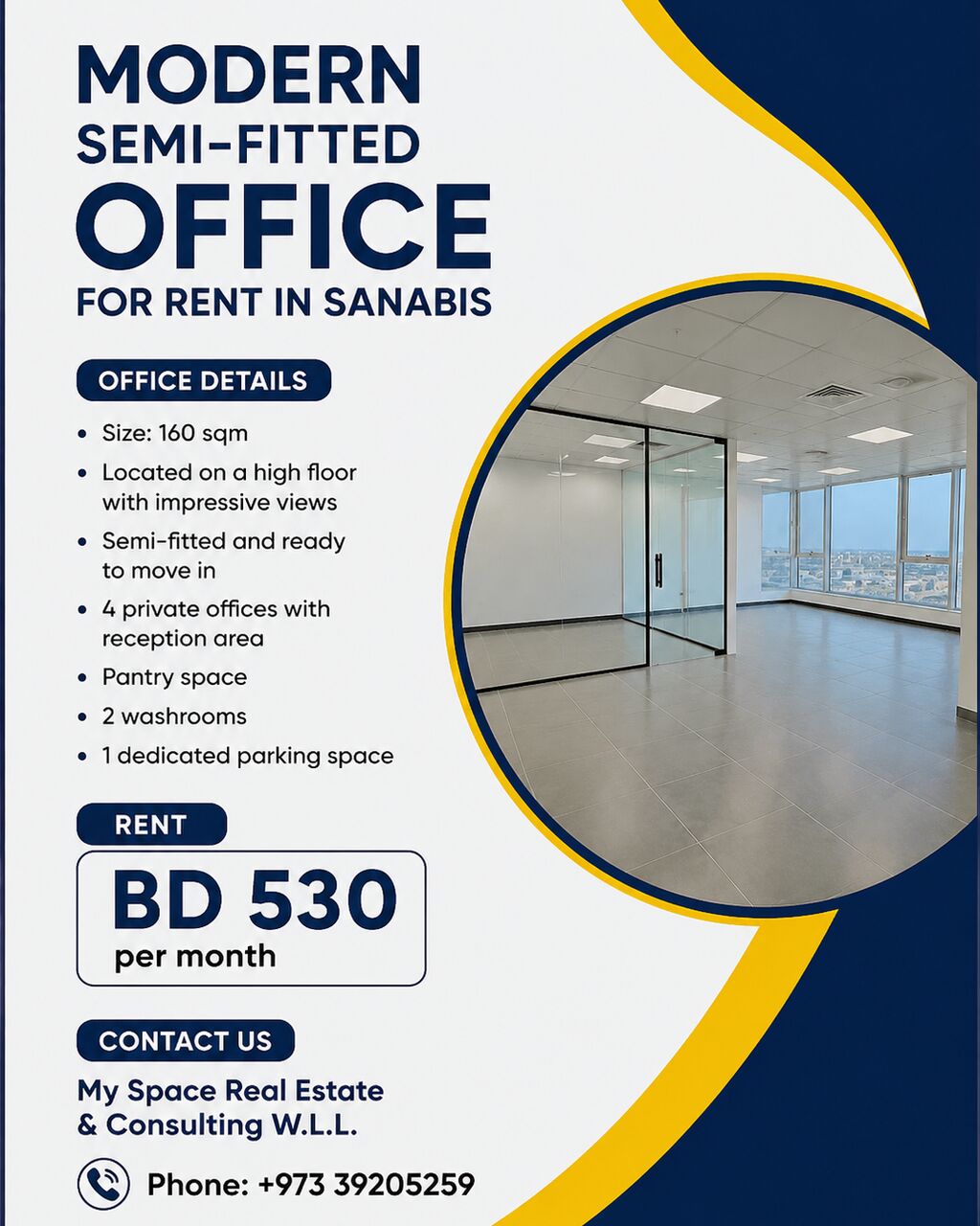 Sanabis, Offices, BHD 530,  160 Sq. Meter,  Modern Semi-Fitted Office For Rent In Sanabis | High Floor | Prime Tower Location