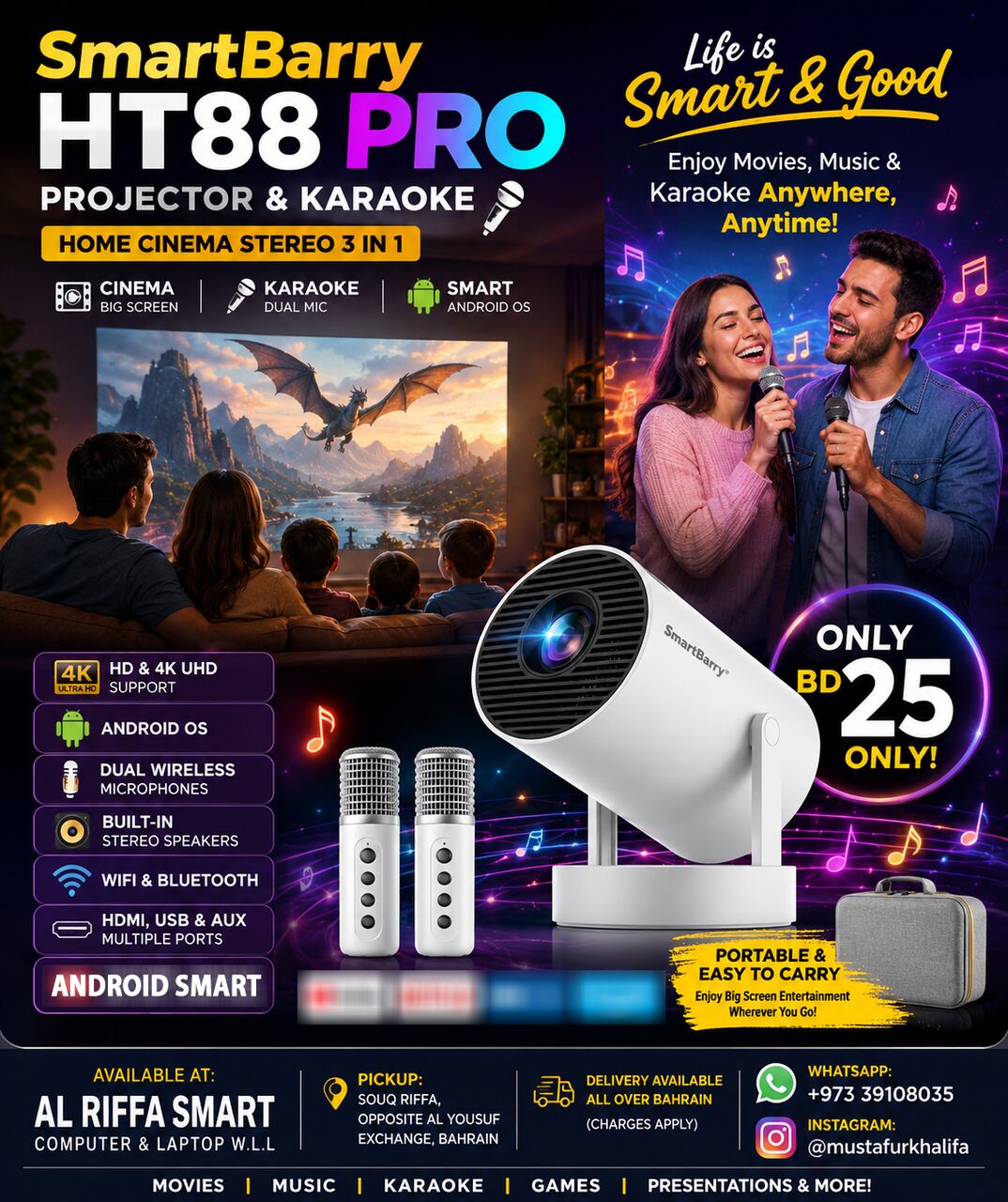 Riffa, Photo & Video, BHD 25,  SmartBarry HT88 Pro 3-in-1 Smart Android 4K Projector  25 BD