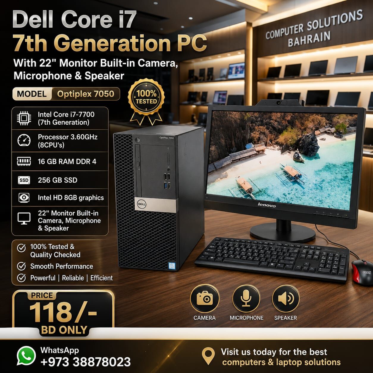 Manama, Computers, BHD 118,  Dell Core I7 7th Gen PC RAM 16GB SSD 256GB 22" Full HD Monitor Built-in Camera,Speaker
