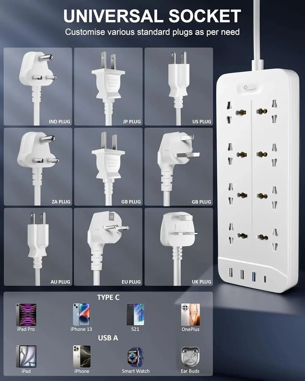 New Delhi, Computers, INR 1749,  FEDUS 8 Sockets Surge Protector With USB-A & USB-C Ports 5M