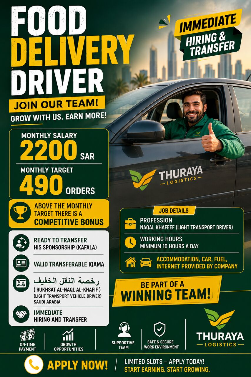 Riyadh, Jobs, HIRING NOW: Food Delivery Drivers (Nakal Khafeef) (Saiq Shahna Sagir)