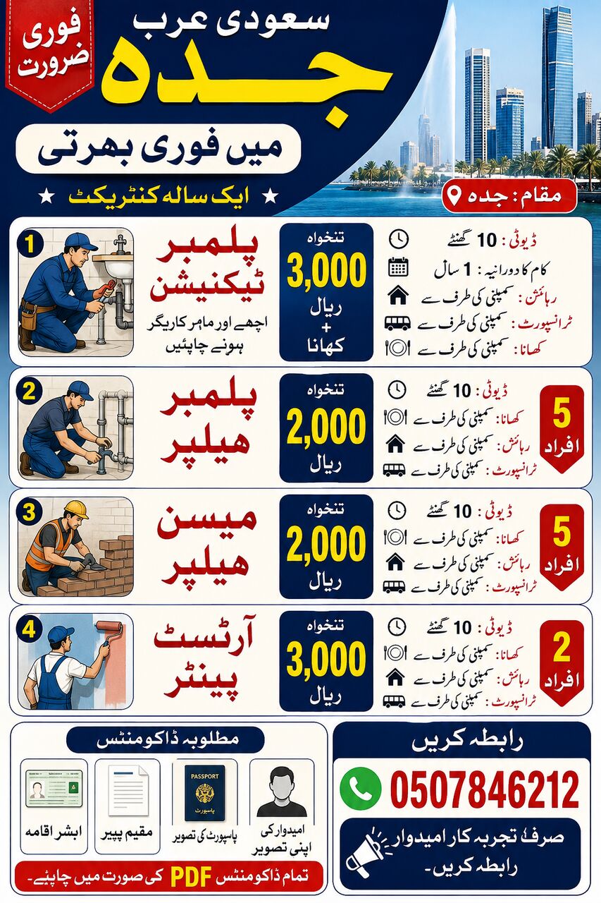 Jeddah, Jobs, Plumber Technation+ Plumber Helper +messaon Helper+ Artist Painter