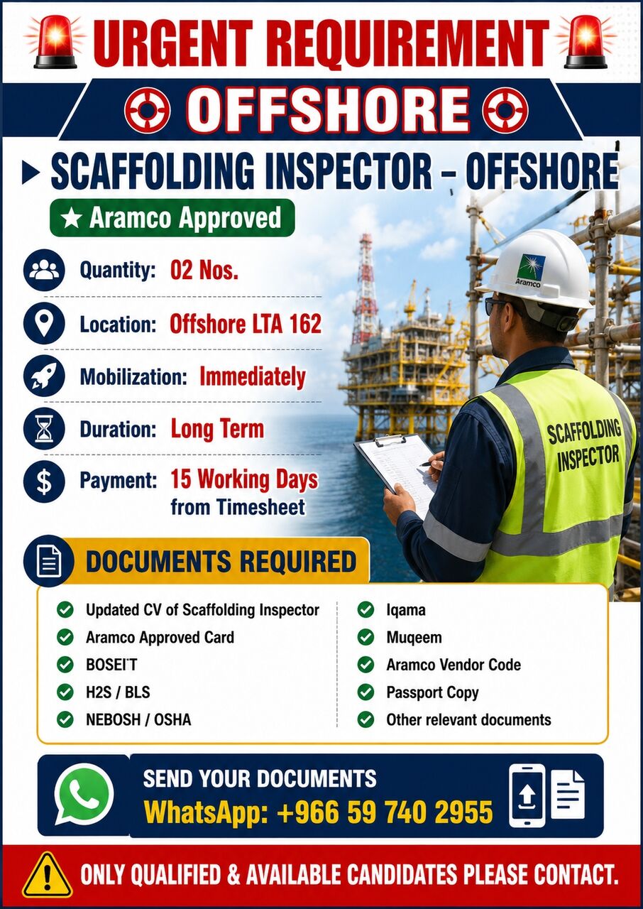 Dammam, Jobs, Urgent Requirements Of Scaffolding Inspector -Offshore -Aramco Approved -Qty 02