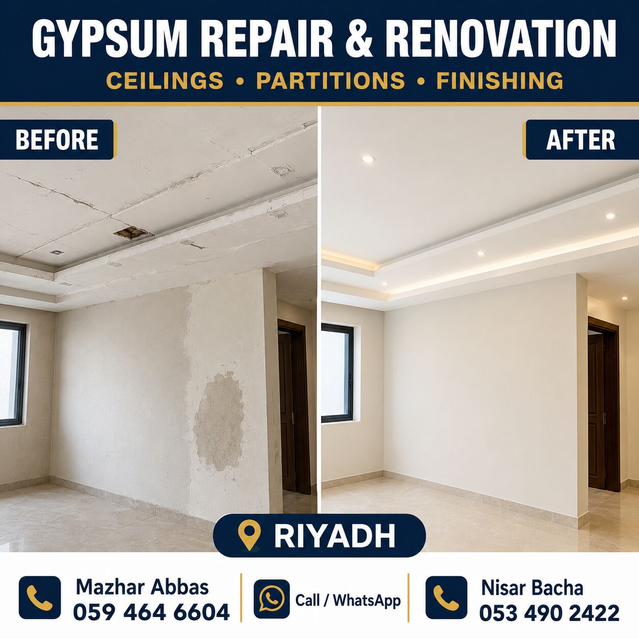 Riyadh, Interior Design, Gypsum Repair | Ceiling & Partition Renovation | Riyadh