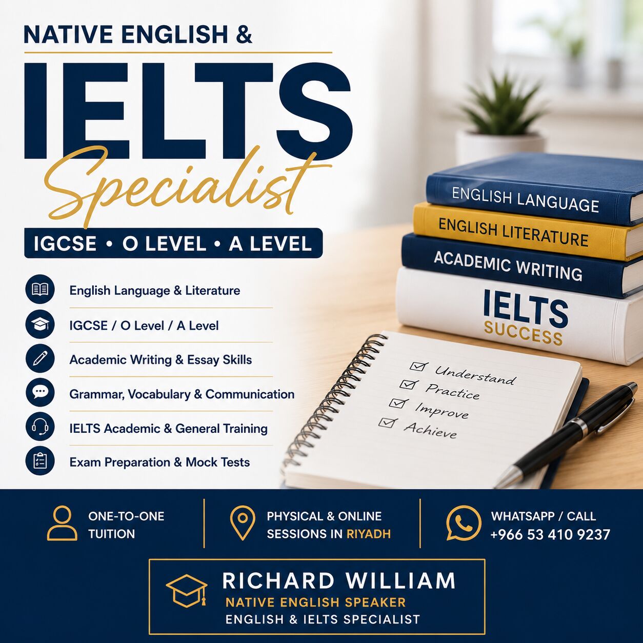 Riyadh, Lessons Offered, Native English & IELTS Specialist | IGCSE &bull; O Level &bull; A Level