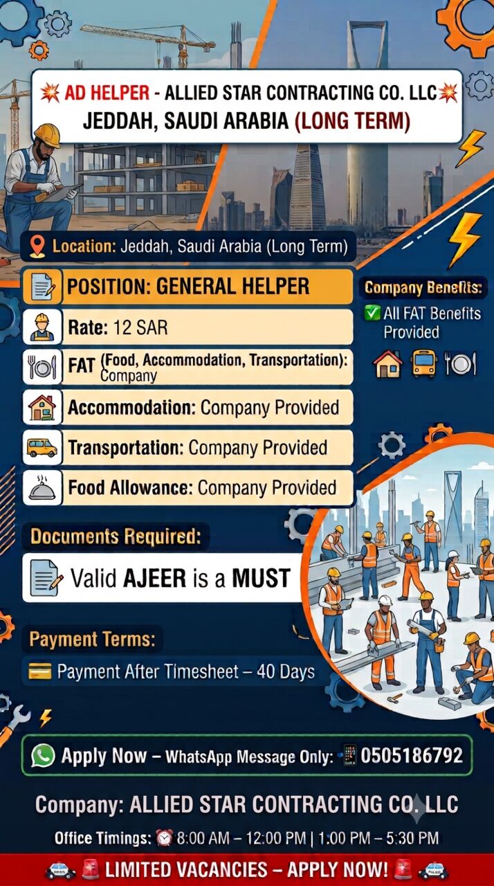 Kabul, Jobs, 💥 URGENT HIRING – MANPOWER REQUIRED With AJEER MUST💥