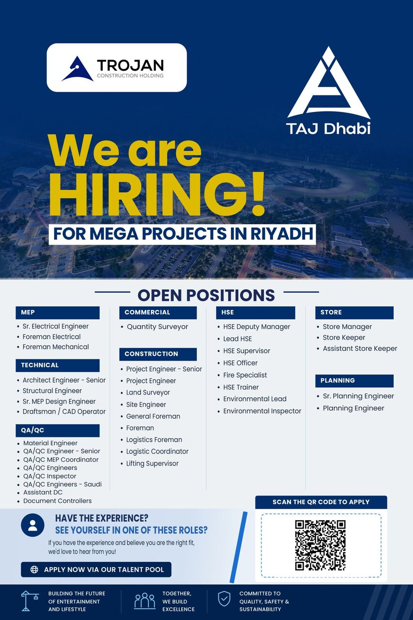 Riyadh, Jobs, Trojan Construction Holding Taj Dhabi &mdash; Hiring For Mega Projects In Riyadh - All Roles