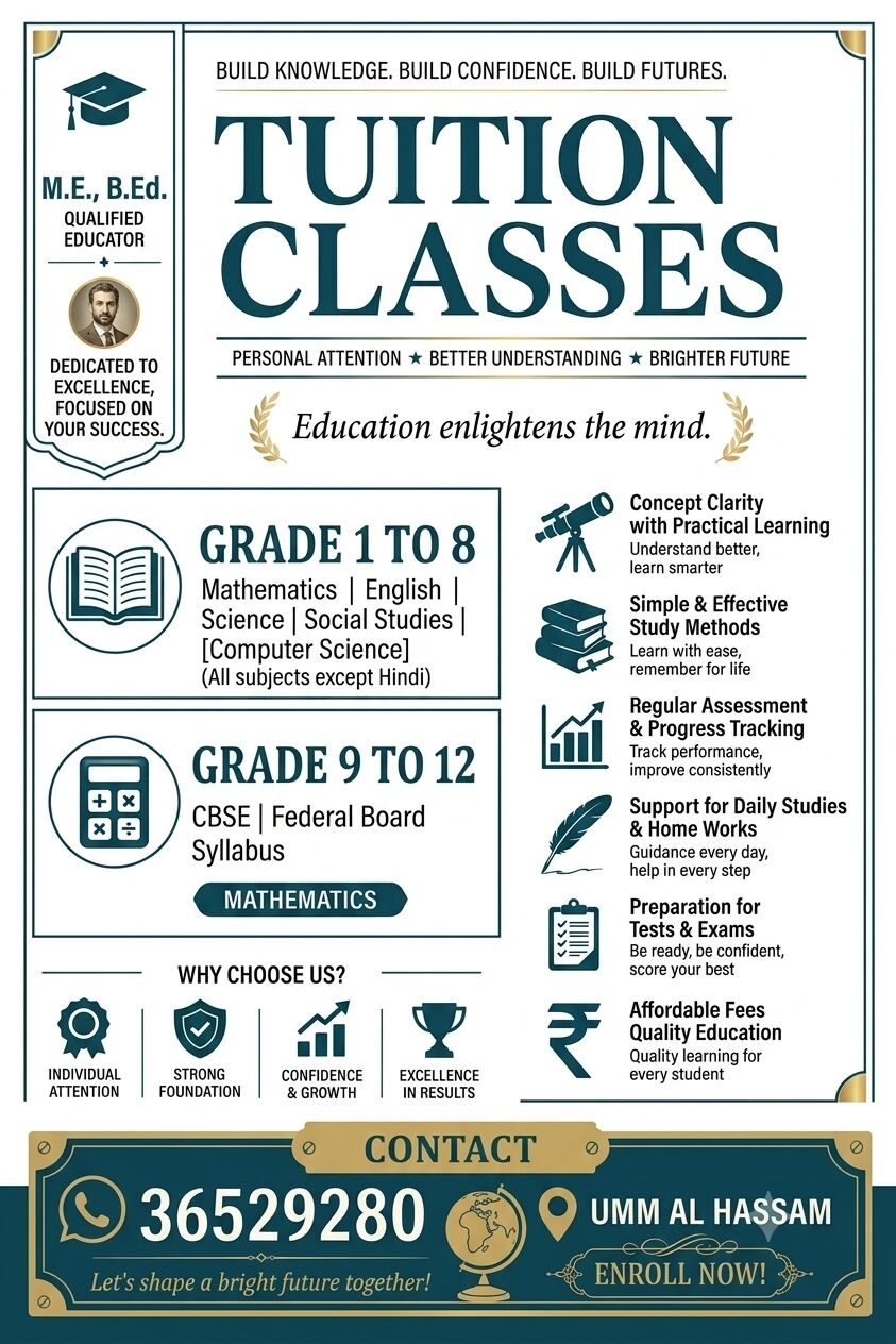Manama, Lessons Offered, 📚 Tuition Classes – Um Al Hassam (all Syllabus)