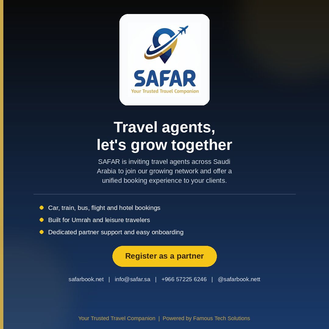 Riyadh, Business Partners, Umrah Travel Agencies &mdash; Grow Your Customers With SAFAR !