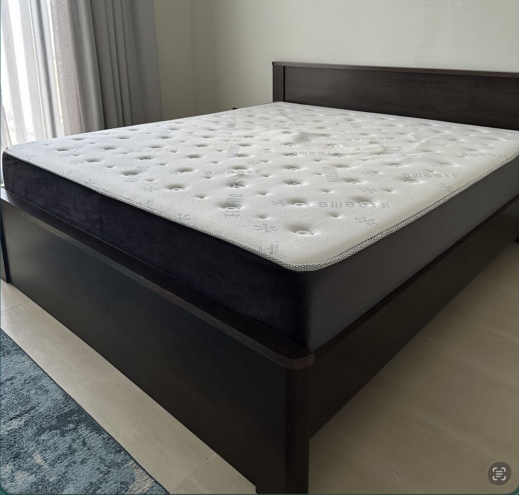 Riyadh, Furniture, SAR 800,  King Bed Frame + Mattress (180×200) &mdash; Dark Wood