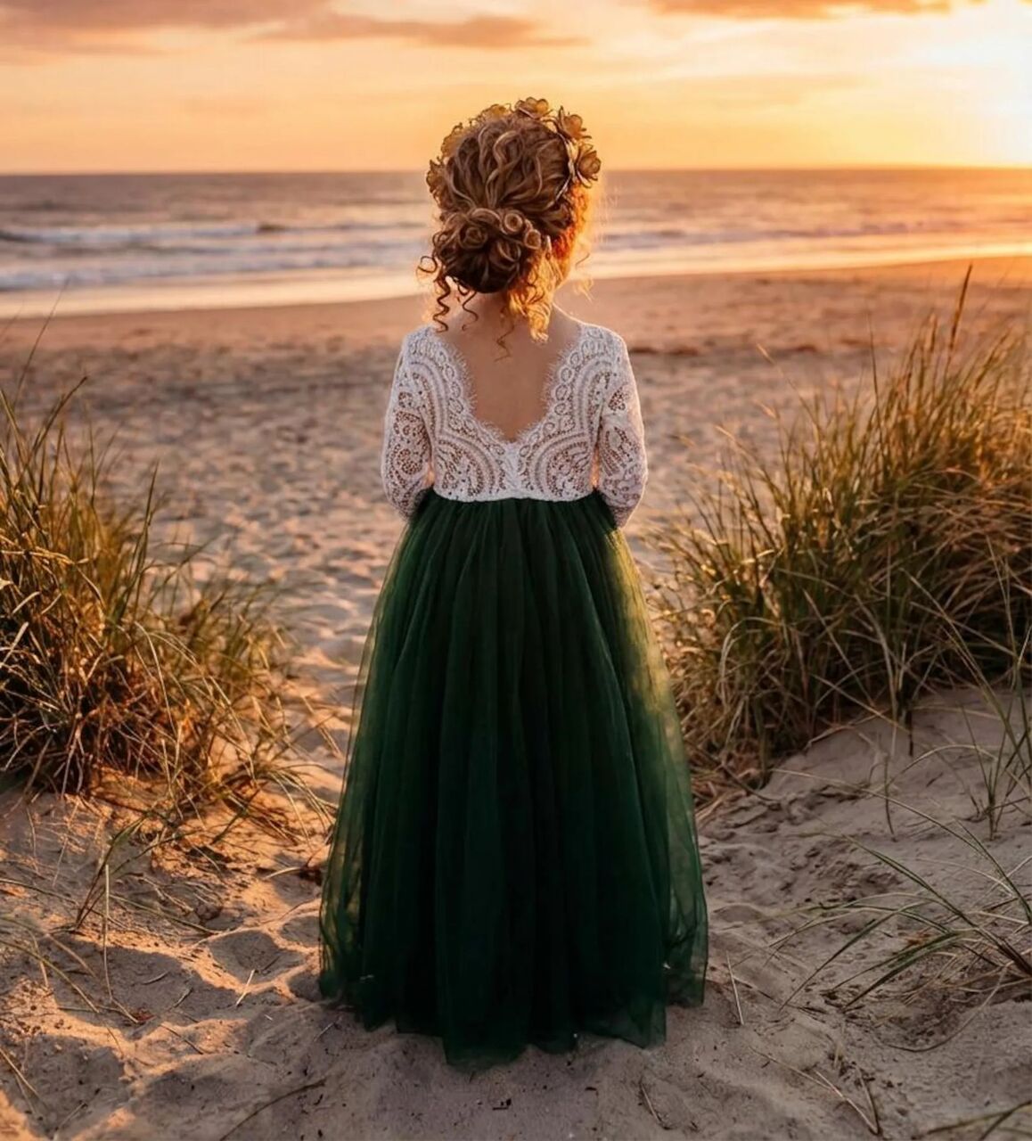 New York, Clothing & Accessories, USD 90,  Hunter Green Boho Flower Girl Dress, White Lace Long Sleeve Tulle Ball Gown