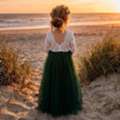 USD 90,  Hunter Green Boho Flower Girl Dress, White Lace Long Sleeve Tulle Ball Gown