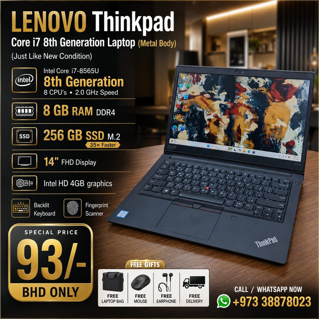 Manama, Tablet Computers, BHD 93,  Thinkpad Core I7 8th Gen Laptop Metal Body 8GB RAM 256GB SSD Win & Office 2024 Free GIFTS