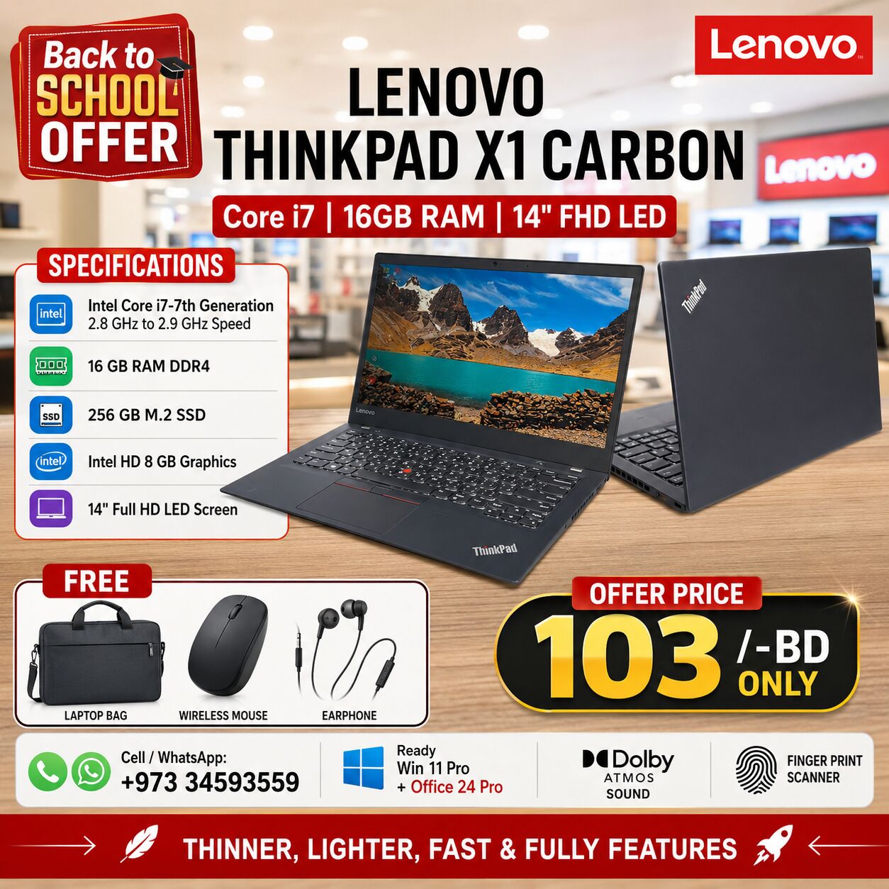 Manama, Electronics, BHD 103,  Special Offer LENOVO X1 Carbon Core I7 7th Generation Laptop 16GB DDR4 RAM 14" FHD Screen