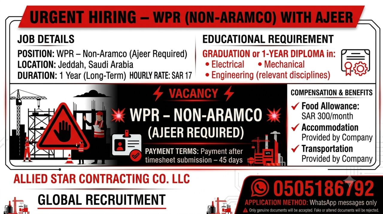 Kabul, Jobs, URGENT HIRING &ndash; WPR (NON-ARAMCO) WITH AJEER