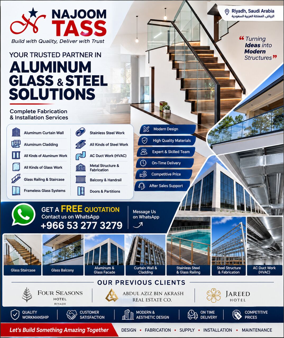 Riyadh, Construction, We Provide Aluminum,Glass, Curtain Wall, Cladding, Steel, Stainless Steel, Railings & More