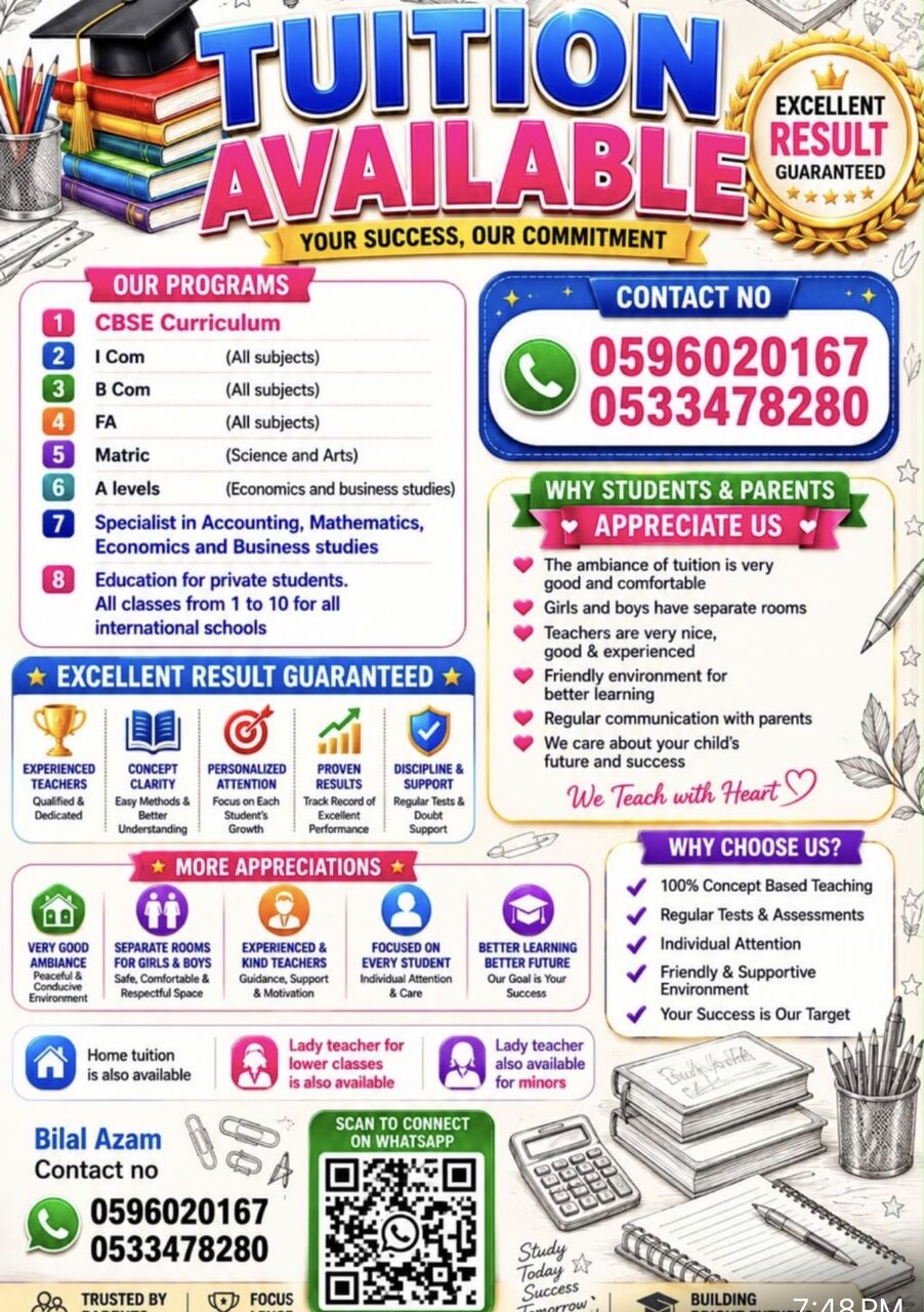 Jeddah, Lessons Offered, 🌟 TUITION AVAILABLE – ALL CLASSES 🌟 CBSE • Cambridge • Local Boards  📚 Subjects & Level