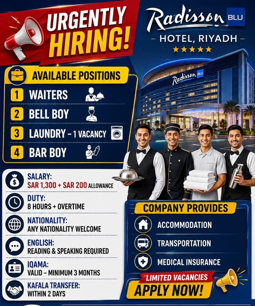 Riyadh, Jobs, 📢 URGENT HIRING – RADISSON BLU HOTEL, RIYADH