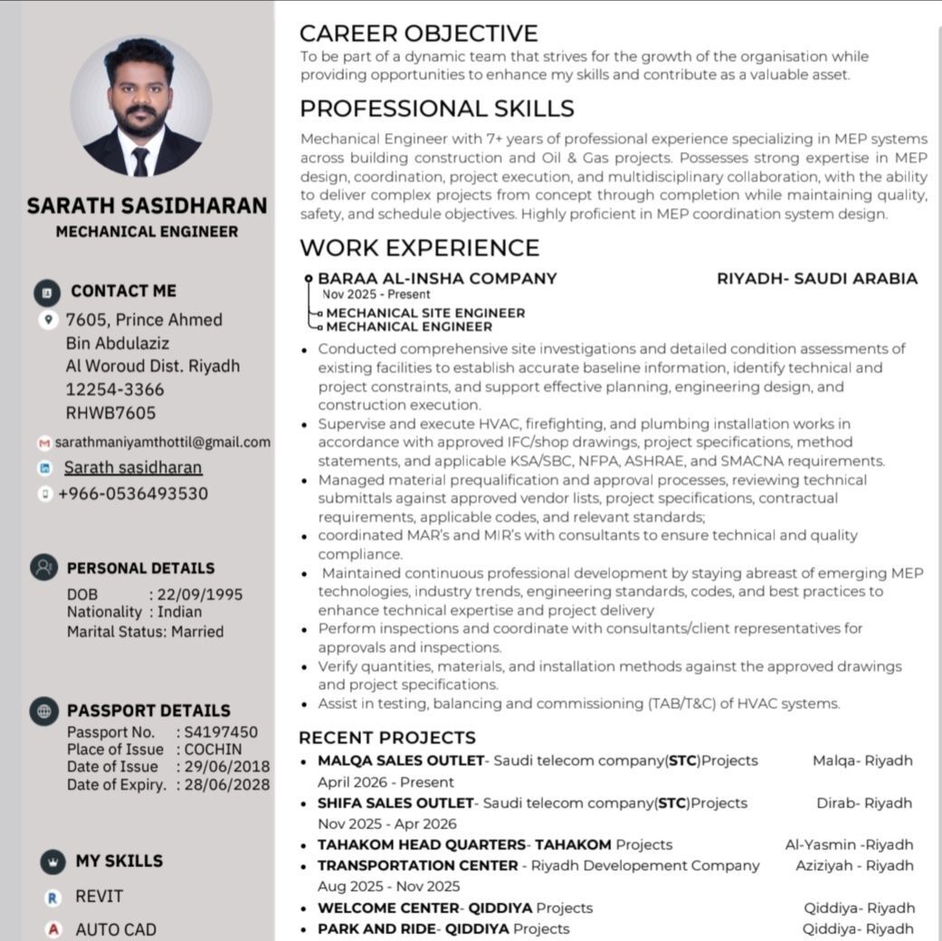 Riyadh, Job Seekers, Mechanical Engineer (HVAC, FIREFIGHTING, PLUMBING SYSYTEM)