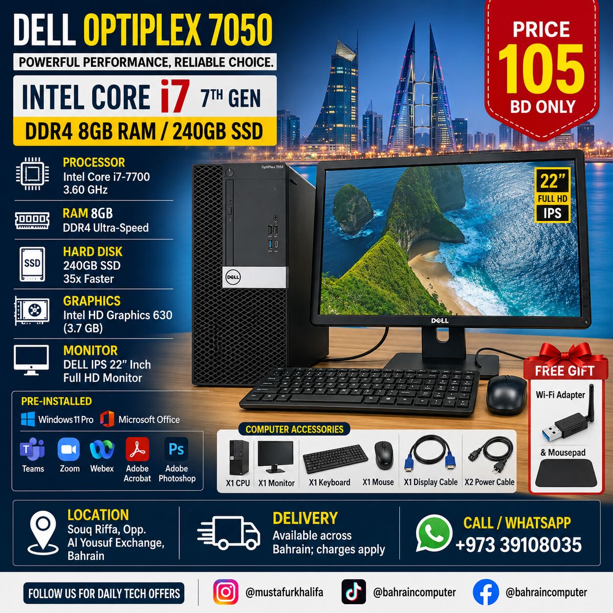 Riffa, Computers, BHD 105,  DELL Computer Set Intel Core I7 7th Gen DDR4 8GB RAM/240GB SSD 22&rsquo;&rsquo;inch Monitor Full HD